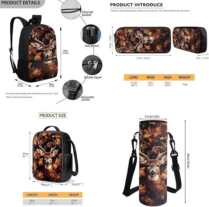 Deer Backpack Kids School Bag for Boys Girls Backpack with Lunch Box and Water Bottle Holder 4 Piece Camo Hunting Deer School Daypack for Travel Hiking Picnic Back to School Accessories