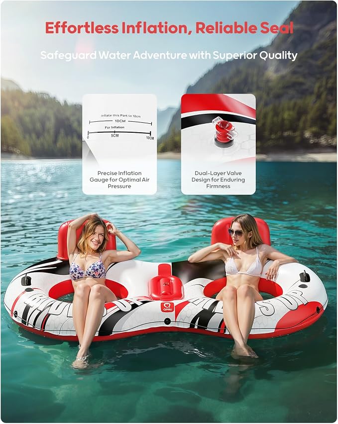 QPAU Inflatable Double River Tube, 2 Person 660lb Capacity, Puncture-Resistant 93" Sturdy Heavy Duty River Float, River Raft with Ergonomic Backrest, Cooler & Cup Holders for Family
