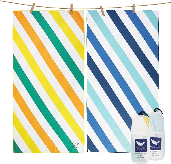 Whale Flotilla 2 Pack Large Quick Dry Beach Towel (30"x60"), Microfiber Sand-Free Beach Towel Set, Super Absorbent Compact Pool Travel Accessories, Aqua and Orange