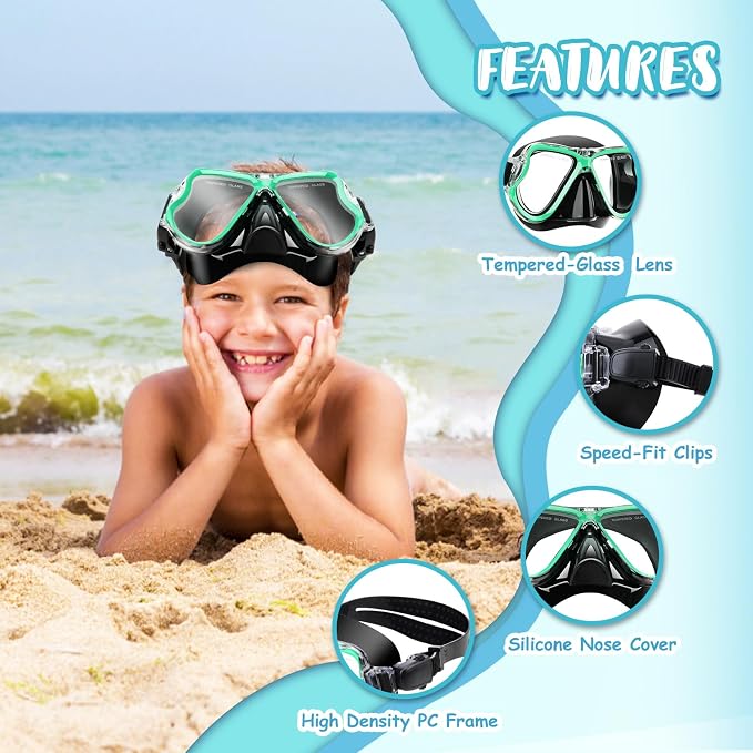 Snorkeling Gear for Kids, 4 in 1 Child Mask Fins Snorkel Set with Panoramic View Anti Fog Mask, Dry Top Snorkel, Trek Fins and Travel Bag, Kids Snorkeling Set with Fins for Snorkeling Swimming