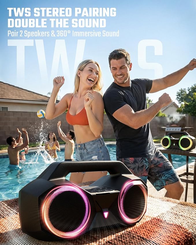 OZJ Bluetooth Speaker Outdoor Loud: 80W(Peak) with Bass, Portable Wireless Speaker with IPX7 Waterproof, 20H Playtime, RGB Lights, TWS for Outside, Beach, Work (Black)