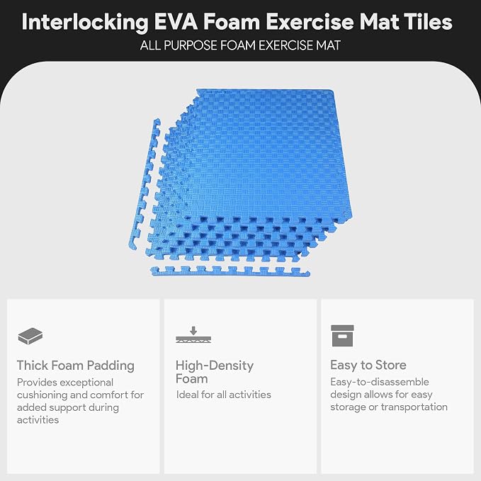 BalanceFrom Puzzle Exercise Mat 1" Thick, EVA Interlocking Foam Floor Tiles for Home Gym, Mat for Home Workout Equipment, Floor Padding for Kids, Blue, 24 in x 24 in x 1 in, 24 Sq Ft - 6 Tiles