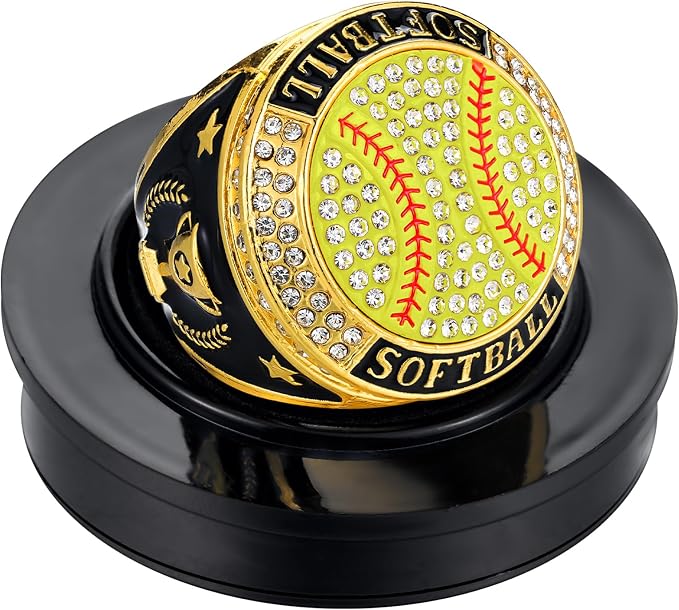 Highergo 1 PC Champion Mvp Rings Baseball Soccer Basketball Volleyball Football Softball Trophy Ring with Display Stand and Neck Chain Size 11 for Winner Tournament Award Gift(Baseball)