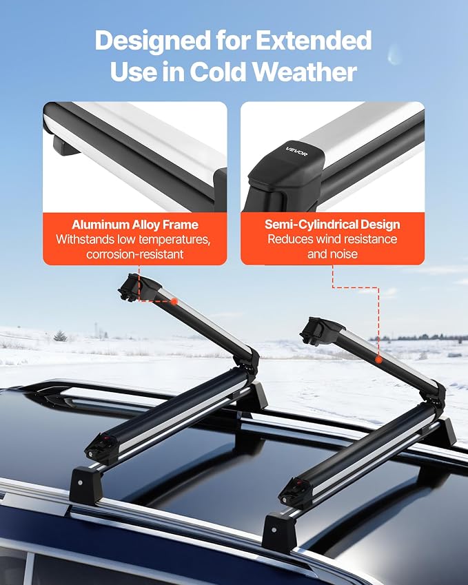 VEVOR Ski & Snowboard Roof Rack, Carry up to 4 Pairs of Skis or 2 Snowboards, 2 PCS Aluminum Universal Car Roof Rack Top Holder with Lock & Rubber Padding, Carrier for Fishing Rod, Fit Most Crossbars