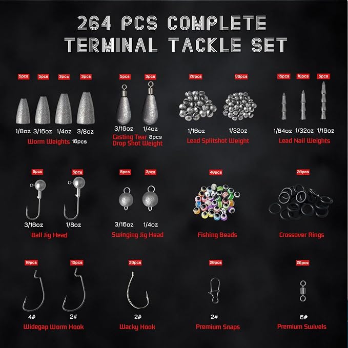 Fishing Tackle Kit with Box – 423pcs Complete Terminal Tackle Assortment, Hooks, Sinkers & Swivels, Beads & Bobber Stops for Freshwater Bass & Trout (Orange-423PCS)