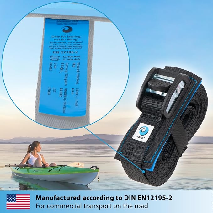valonic ORCA - cam Straps Heavy Duty - 3500 lbs, Padded, cam Buckle, 20 ft x 1.3 in, 2 Pack - roof Straps for Kayak or Surfboard roof Rack - Black, with Protection pad
