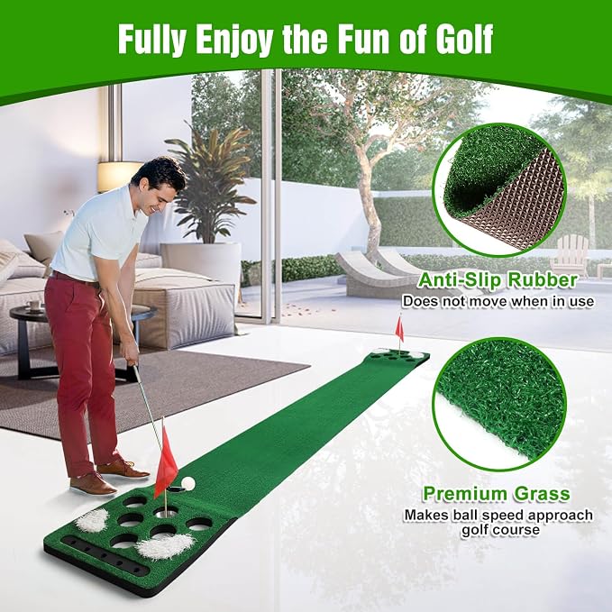 Golf Putting Game Set, Detachable Golf Putting Green Mat with 4 Balls, 2 Cups & Flags, 1 Portable Bag for Indoor & Outdoor Party Game Use