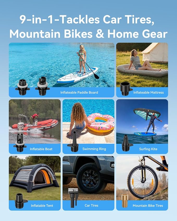 Paddle Board Pump Electric Portable, SUP Pump for Paddleboard, 50PSI Air Compressor with Auto-Off for Stand Up Paddle Boards, Surfing Kite, Tent, Boat, Car Tires