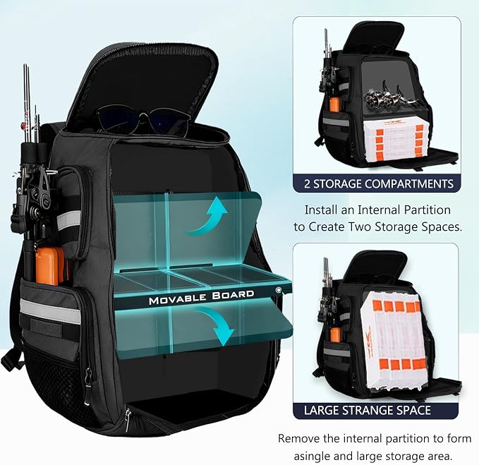 45L Fishing Tackle Backpack with Rod Holders, Waterproof Large Fishing Back Pack Storage Bags & Wraps Gear And Equipment for Men for Camping Hiking, Bottle Holder