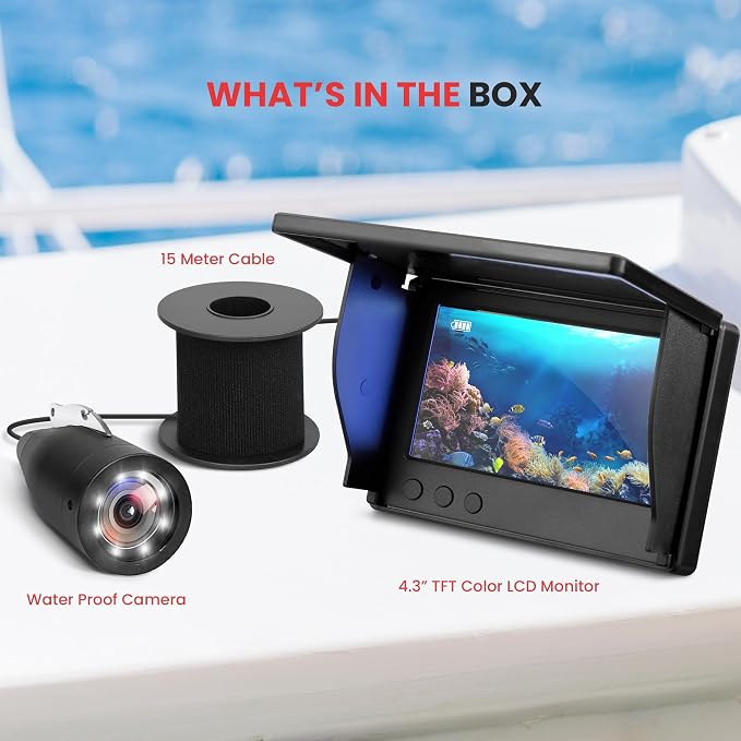 Pyle 4.3” Portable Underwater Fishing Camera with TFT LCD Monitor, 1000TVL IP68 Waterproof Camera, 12 Infrared Lights, Rechargeable Battery, Carrying Case & Sunshield for Ice and Sea Fishing