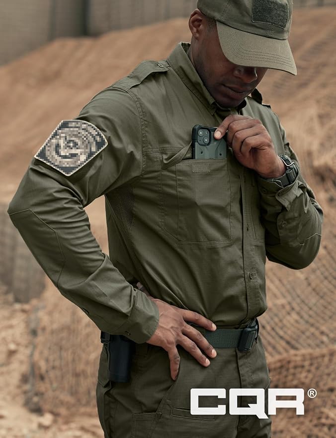 CQR Men's Long Sleeve Tactical Shirts, Ripstop Military Work Shirts, UPF 50+ Breathable Button Down Outdoor Hiking Shirt