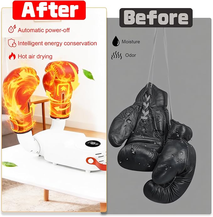 Boxing Gloves Dryer, 48°C Constant Temp Glove Dryer w/ 0-120 Min Timer, Fast MCH Heat, Dual Air Duct, Foldable Portable Gear Dryer for Boxing for Kids and Adults Effectively Eliminates Odors(White)