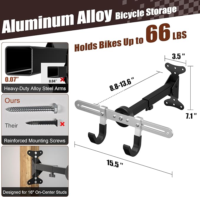 Bike Wall Mount Hanger for Garage, Heavy-Duty Durable Aluminum Alloy Horizontal Bicycle Storage Rack with Adjustable Hook, Hold up to 66lbs, for Road Mountain Hybrid Bikes in Garage