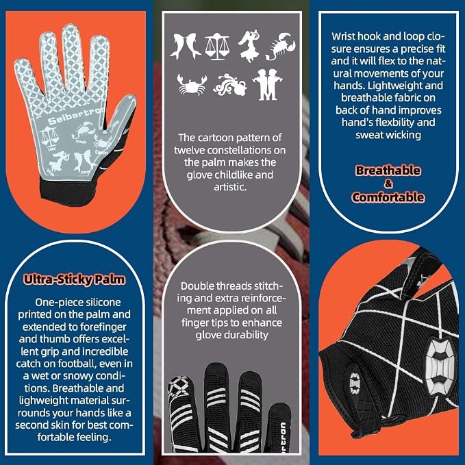 Seibertron Pro 3.0 Twelve Constellations Elite Ultra-Stick Football Receiver Gloves | Super Sticky Grip for Youth Kids Boys 8-12 Girls & Adult Men & Women, Perfect Sports Gift