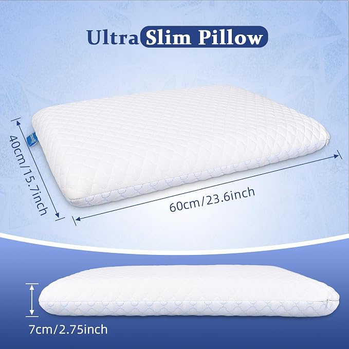 SofGlowly Ultra Thin Flat Pillows for Sleeping Standard Size Set of 2, Cooling Memory Foam Pillow 2.75 inch Height Ultra Thin Pillow,Slim Bed Pillows for Stomach Back Sleeper,16x25 Inch