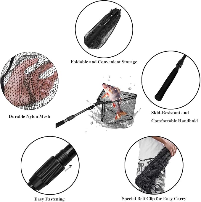 PLUSINNO Telescopic Fishing Rod and Reel Combo(1.8M 5.91FT),Fishing Net Fish Landing Net, Durable Nylon Material Mesh, Safe Fish Catching or Releasing