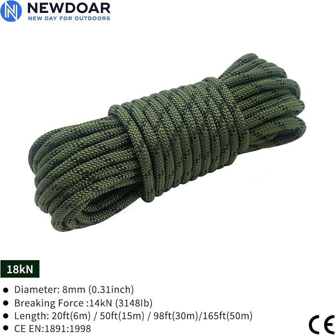 NewDoar Static Climbing Rope - 8mm (5/16c) / 10mm (3/8”) Double Braid Accessory Cord for Rock,Hauling, Prusik, Survival - Pre-Cut 20FT, 50FT, 100FT, 165FT Lengths - Outdoor, Fire Rescue Equipment
