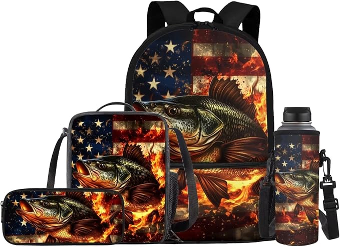 Cute Fire Bass Fish Kids School Bag for Boys and Girls Backpack and Lunch Box Water Bottle Holder Pencil Case 4 Piece American Flag Schoolbag Rucksack Daypack Back to School Supplies