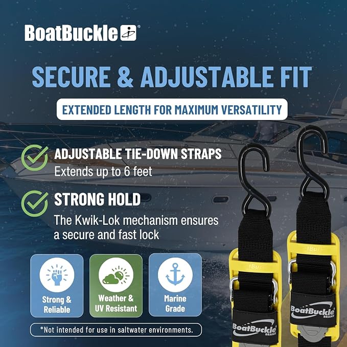 BoatBuckle's Pro Series Kwik-Lok Boat Tie Down Straps to Trailer with Boat Pads, 2-Pack Easy to Use Adjustable Transom Tie Down Straps, 2-Inch x 6-Feet, 1,200 Lbs Break Strength