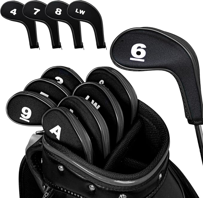 Golf Club 12pcs Thick Synthetic Zipper Long Neck Set Headcover Fit The Most Brands, Side Number Golf Iron Club Head Cover LW SW PW Covers #3,4,5,6,7,8,9