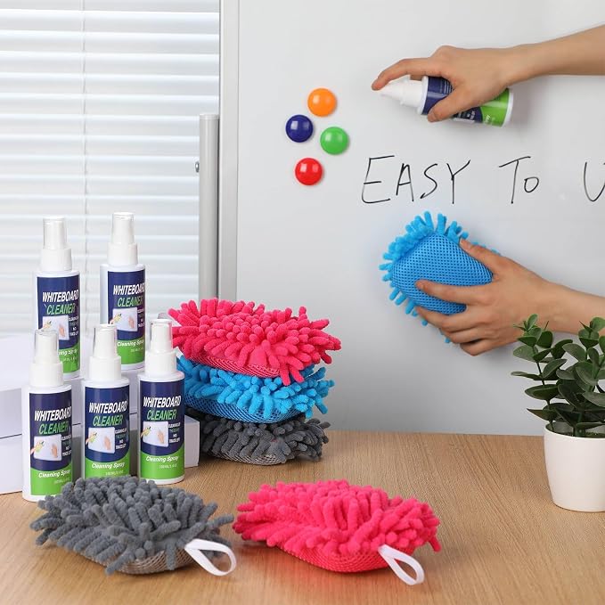 Fuyoooo 6 Pack Whiteboard Cleaner 3.4 Fl oz White Board Cleaning Spray Dry Erase Board Cleaner with Microfiber Shag Whiteboard Eraser Removes Stubborn Marks from Chalkboard(Magnetic)