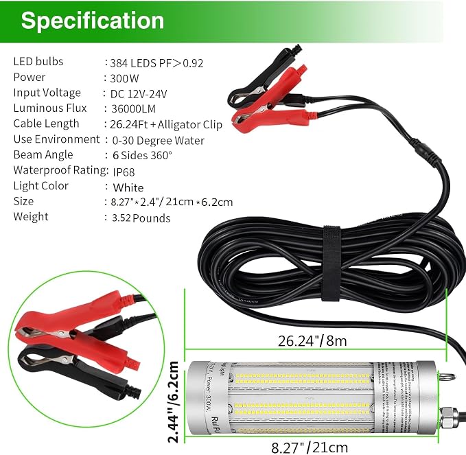 300W 36000lm Underwater Fishing Light, IP68 Waterproof Aluminum Super Bright Night Fish Attracting Submersible LED Lamp Lure Bait Finder for Freshwater Saltwater Sea Kayak Ice Dock (White)