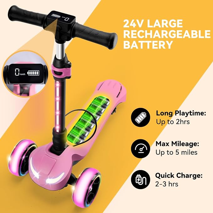Electric Scooter for Kids w/150W Powerful Motor, Thumb Throttle, LCD Screen, Bluetooth, Light-Up Stem Deck & Wheels, 3 Adjustable Heights, 5MPH Safe Speed, 3 Wheel Electric Scooter for Kids