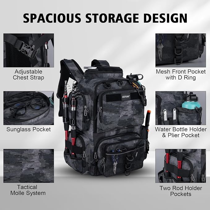 Goture Fishing Backpack,900D Water-Resistant Tackle Backpack with Rod Holders, SBS Zippers,45L Large Fishing Bag Storage Gear Tackle Bag with Rain Cover, Bottle Holder for Travel Camping Hiking