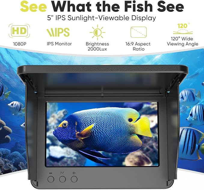 Underwater Fishing Camera with 5" IPS Monitor, 1000TVL, 178° Wide-Angle, IP68 Waterproof, 12 IR Night Vision, 98ft Cable, 8000mAh Battery—Fish Finder Video System for Ice, Lake, River & Boat