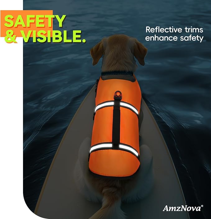 AMZNOVA Shark Dog Life Jacket + Rip Stop Dog Life Jacket, Durable Handle Reflective Buoyance