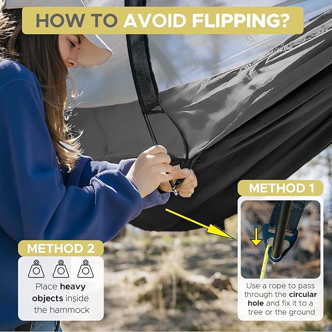 Sunyear Camping Hammock Tent - Portable Hammocks with Mosquito Net (Single/Double, 500lbs Capacity) - Spacious & Anti-Rollover Design with 2 Tree Straps for Hiking, Backpacking, Indoor/Outdoor Use