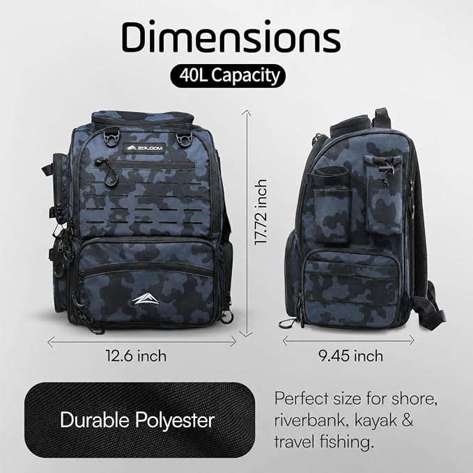 Waterproof Fishing Backpack with Tackle Boxes, Rod Holder & Foldable Net - 40L Fishing Tackle Bag with Trays Included, Extra Storage Gear and Equipment, Rain Cover, Fisherman Gift for Men