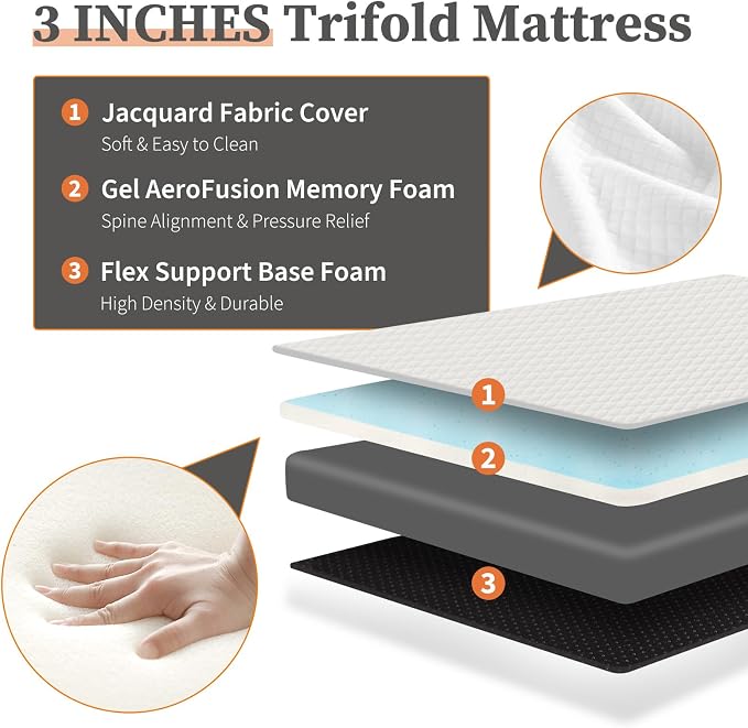 Folding Memory Foam Pads, 3" Tri-Fold Twin Topper with Washable Cover, Portable Guest Floor Bed Non-Slip for Travel Camping
