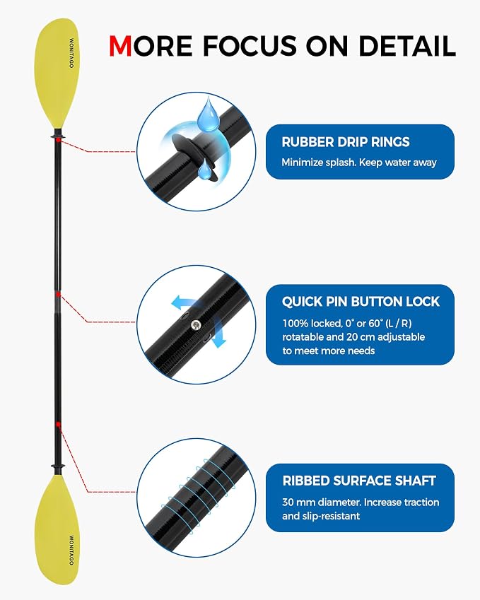 Kayak Paddle with Fiberglass Shaft and Reinforced Nylon Blade, Adjustable Kayaking Oars, 3 Piece, 230-250 cm/90-98 inches, 210-230 cm/82-90 inches