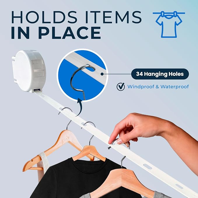 Retractable Clothesline Indoor Outdoor, 13.8 Ft Heavy Duty Drying Line with 34 Windproof Hanger Holes, Holds 56 lbs, Rustproof, Drill or No-Drill Wall Mount for Laundry & Bathroom