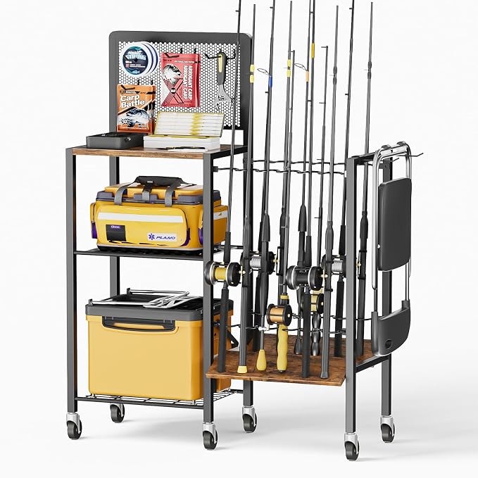 Olakee Fishing Rod Holders, Rolling Fishing Rod Rack for Garage & Boat, Tackle Box & Reel Holder Cart, Easy Assembly Fishing Gear Management System, Ideal Birthday Gift for Men Dad Anglers