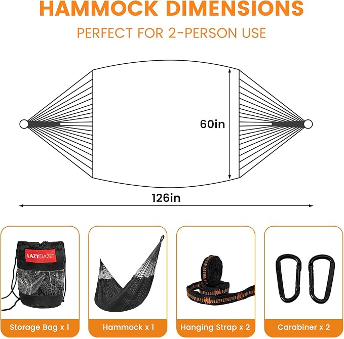Lazy Daze Hammocks Handwoven XL Mayan Hammock, 10.5 FT Soft Rope Double Hammocks, Portable Outdoor Hammock with Carry Bag, 2 Straps & Carabiners for Patio Outside, 550 lbs Weight Capacity, Gray