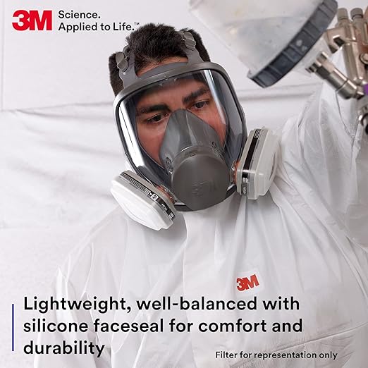 3M Full Facepiece Reusable Respirator 6900, NIOSH, Large Lens, ANSI High Impact Eye Protection, Silicone Face Seal, Four-Point Harness, Comfortable Fit, Painting, Dust, Chemicals, Large