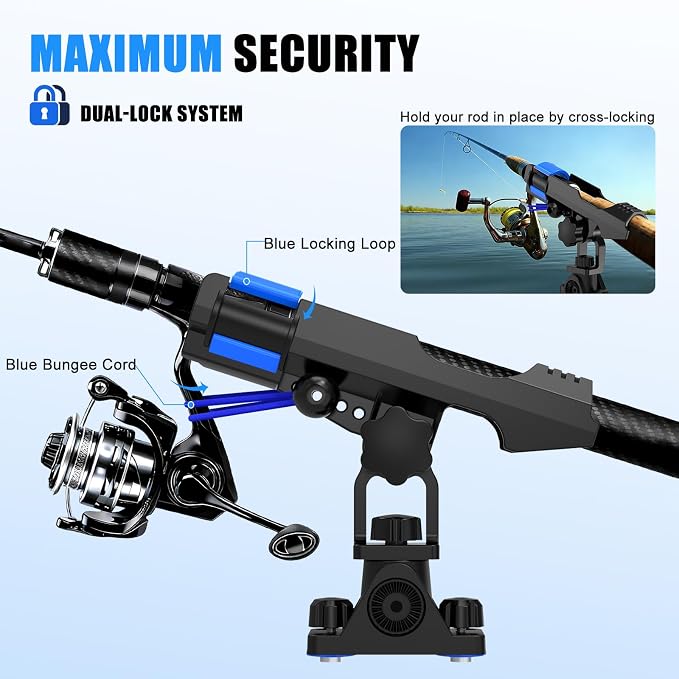 VEXPLO Fishing Rod Holders for Boat Kayak with Dual-Lock Bungee System, Ultra-Stable Dual T Bolt Base Fishing Pole Holders, Universal Top/Side Track & Deck Mount for Boats, Canoe & Kayaks