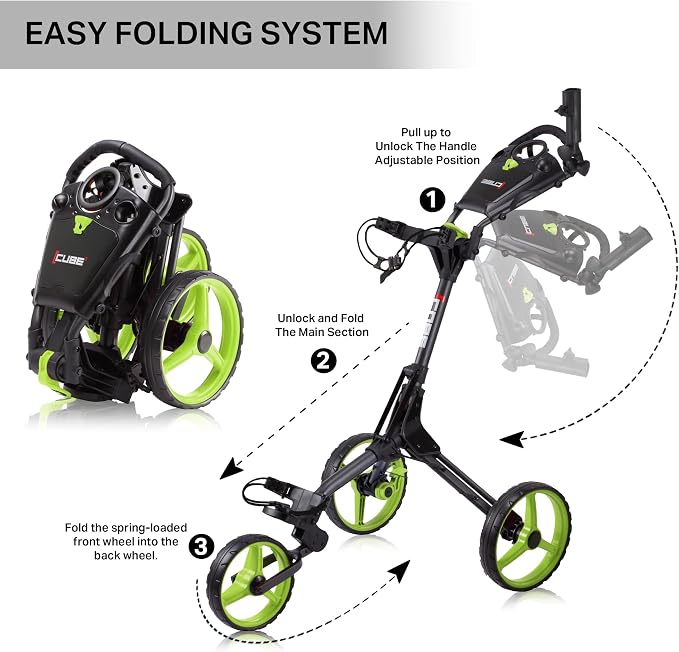 CUBE CART 3-Wheel Golf Push Cart – Ultra-Compact 14.5 lb Folding Golf Trolley, Two-Step Fold, Adjustable Handle, Foot Brake, Umbrella Holder & Built-in Storage