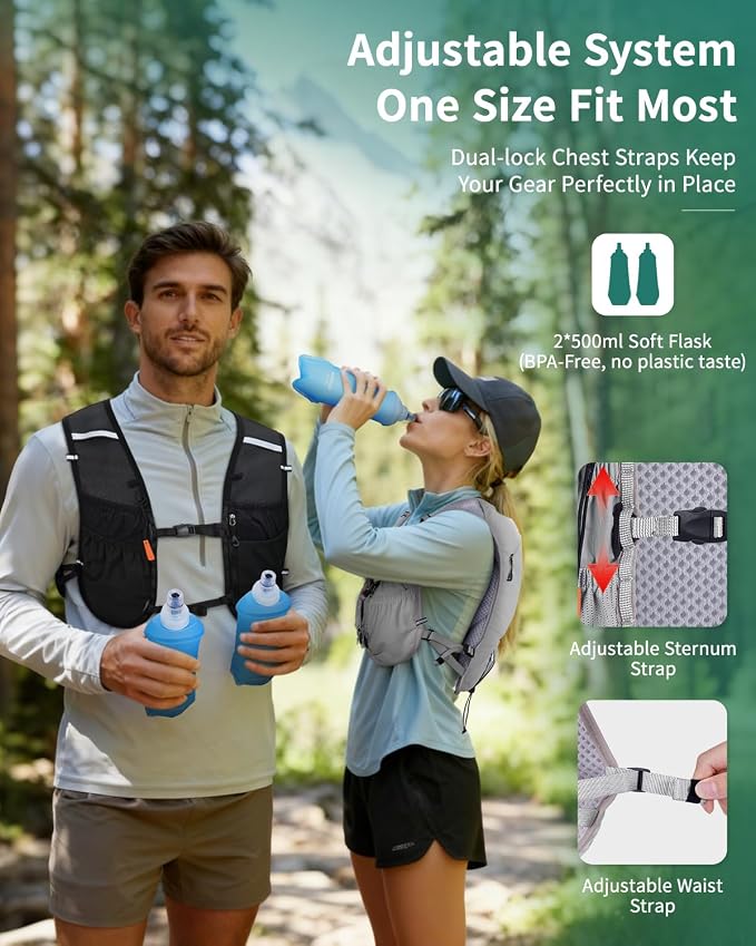 ECOHUB Running Hydration Vest Backpack with 2*500ML Soft Flask, Lightweight Trail Running Pack for Men Women, Adjustable No Bounce Hydration Backpack for Marathon Hiking Cycling