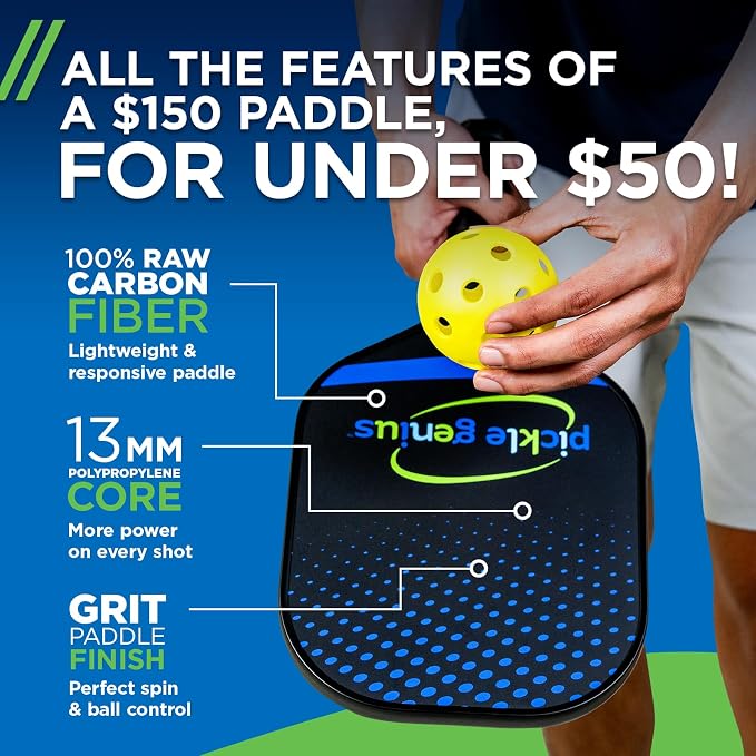 Pickle Genius 13mm Quiet Pickleball Paddle – 8oz USAPA Approved Carbon Fiber with Grit – Pickleball Racket for Adults – Honeycomb Core Vibration Dampening for Spin, Control & Tennis Elbow Relief