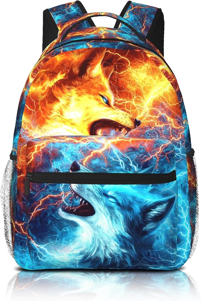 Kids Wolf School Backpack For Boys Girls Cool Fire and Ice Wolf Boys Backpack For Kids Children Teens Elementary Middle School Cool Lighting Bookbag Travel Back Pack for Age 6-18