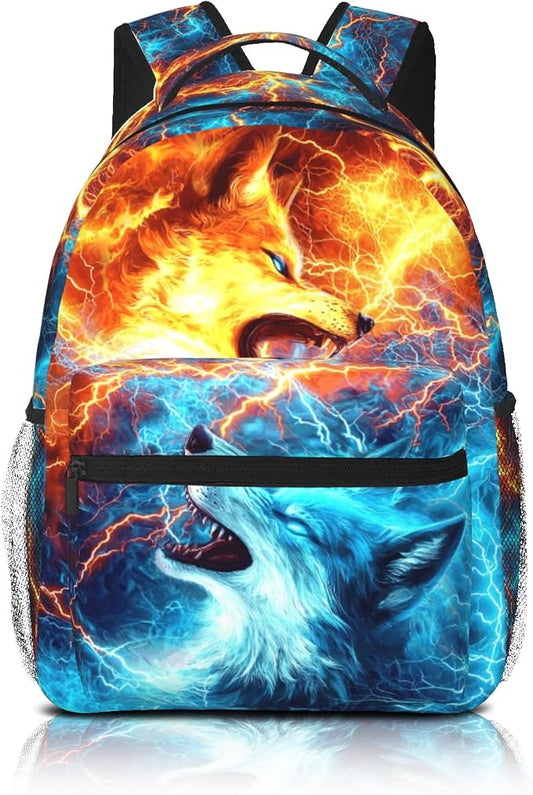 Kids Wolf School Backpack For Boys Girls Cool Fire and Ice Wolf Boys Backpack For Kids Children Teens Elementary Middle School Cool Lighting Bookbag Travel Back Pack for Age 6-18