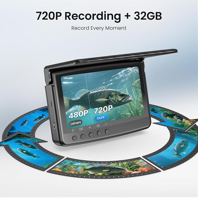 Eyoyo Underwater Fishing Camera 5-Inch: 720P DVR Recording 32GB, 8 IR Night Lights, 10000mAh Battery, 66 FT Cable Portable Fish Finder for Lake, Boat, Ice Fishing Gear