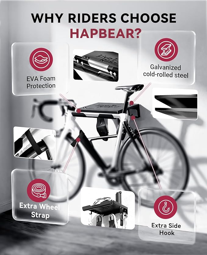 HAPBEAR Bike Wall Mount Rack with Shelf & 2 Adjustable Hooks-3mm Heavy Duty Galvanized Steel Indoor Bicycle Storage for Garage/Apartment-Fits Mountain & Road Bikes-Max 110lbs, Includes Wheel Strap