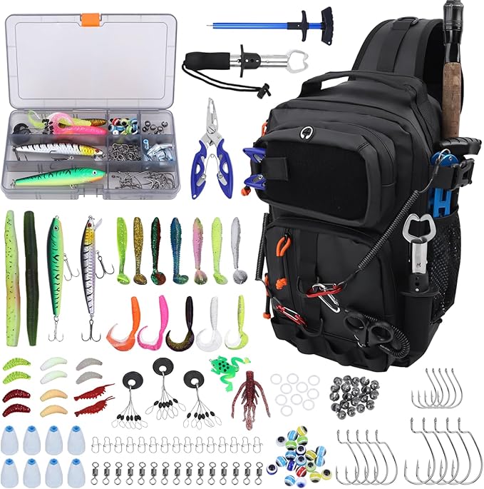 Fishing Backpack with Tackle Boxes,Waterproof Fishing Shoulder Bag for Fishing Gear,Fish Bag with 136 Pcs Fishing Lures Kit,Fish Hook Remover Tool,Fish Lip Gripper,Fishing Plier,Gifts for Men (Black)