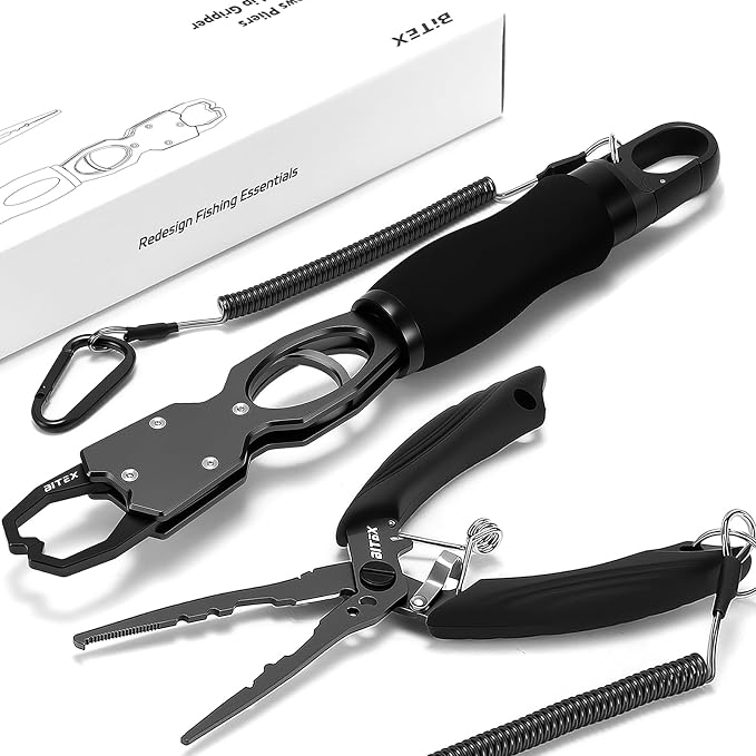 BiteX Fish Lip Gripper with 40lb Scale, 360° Rotating Fish Holder | One-Hand Operation, Saltwater-Resistant Aluminum Build, Bonus Fishing Pliers, Sheaths and Lanyards Included