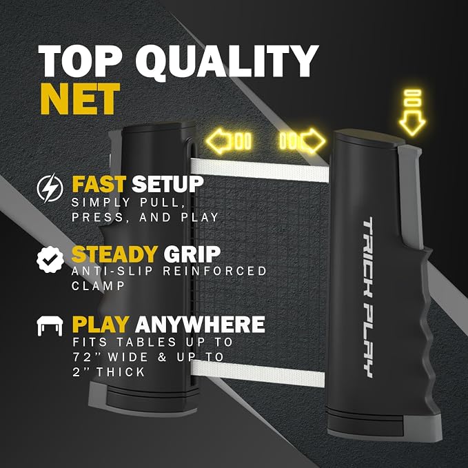 TRICKPLAY Professional Ping Pong Net for Any Table | Portable Anywhere Table Tennis Set with Retractable Net, 2 and 4 Paddle Set, 3-Star Balls, Fitted Storage Case