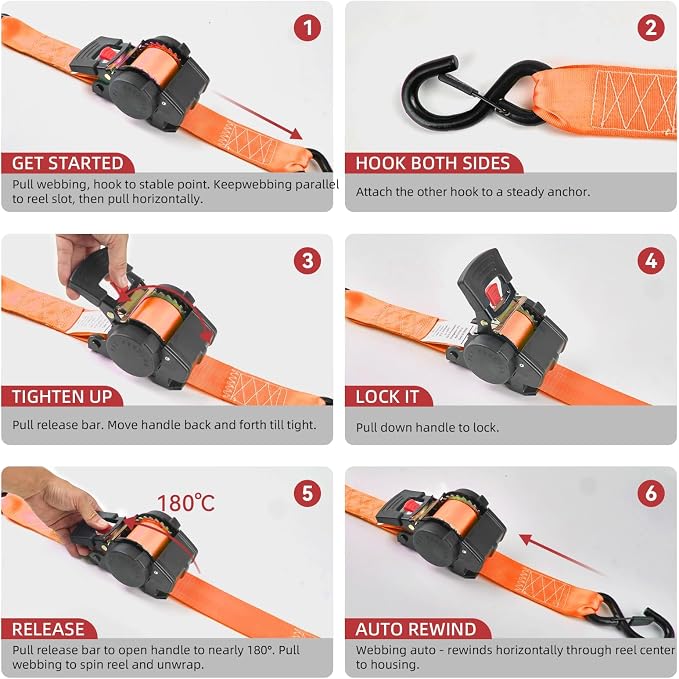 Auto Retractable Ratchet Straps 1800 lbs, 1in × 10ft Self-Retracting Tie Down Straps with Zinc S-Hooks, Heavy Duty Cargo Tie Downs for Trucks, Trailers & Roof Racks, 2 Pack, Orange, Damped Rewind